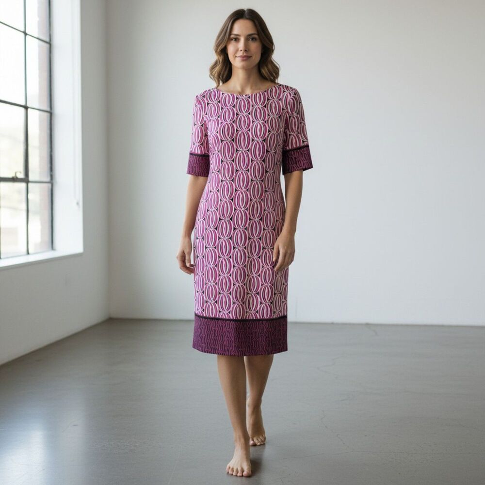 R&K Women's Size 6 Pink Black Geometric Print Shift Dress Boat Neck Career
